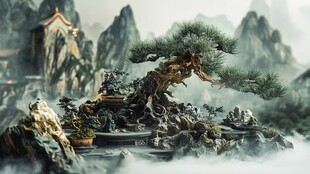 奇幻中式山水松树景观图