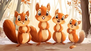 森林中的可爱松鼠一家