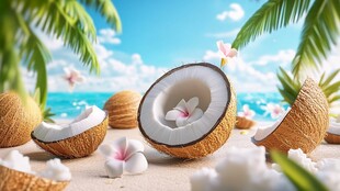 海滩上的美味椰子与花朵