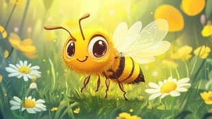 可爱蜜蜂漫步于雏菊草地