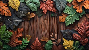 秋日多彩树叶环绕木质背景