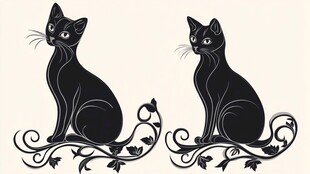 双猫坐于藤蔓装饰图案中