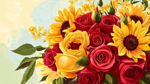 绚丽多彩的玫瑰与向日葵花束