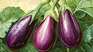 紫润鲜茄 带露绿叶相伴