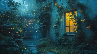 梦幻夜巷 萤火与窗的静谧之景