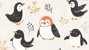 可爱企鹅与植物图案插画