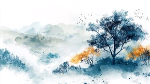 水墨山水间的孤树秋景