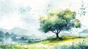 水墨风独树绿野风景画