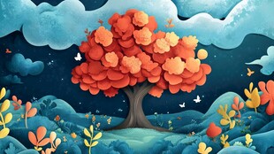 梦幻秋夜大树插画景观