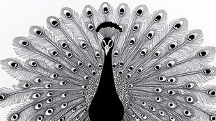 黑白孔雀开屏艺术插画