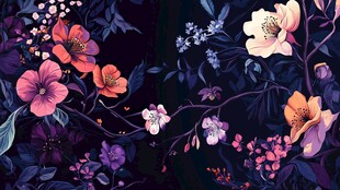 暗夜繁花绚丽花卉插画