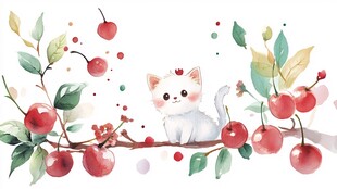 猫咪栖于樱桃枝间