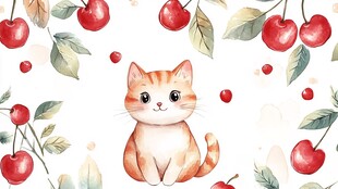 猫咪与樱桃的清新插画
