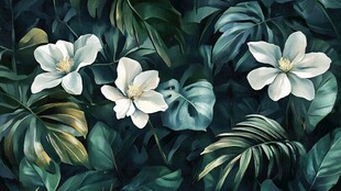 热带白花朵与繁茂绿叶图景