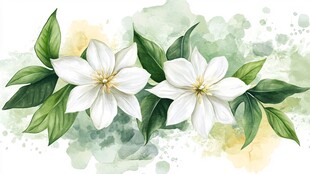 水彩绘素雅白色花朵与绿叶