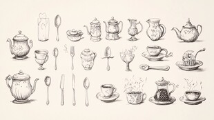手绘茶具餐具插画集合