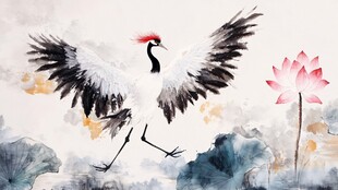 水墨仙鹤戏荷图