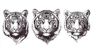 三只老虎头部线描图案