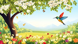 春日繁花间的蜂鸟与蝶舞