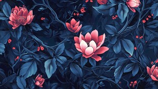 深蓝底粉色花卉植物图案