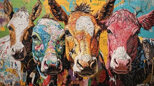 多彩涂鸦风四头牛油画