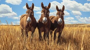 田野中三头可爱的小毛驴