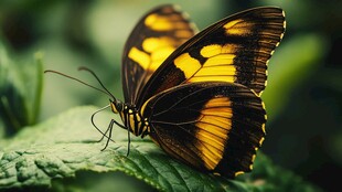 黄黑蝴蝶停驻绿叶上