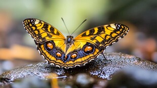 斑斓蝴蝶停歇于湿润石块