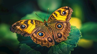 斑斓蝴蝶停驻绿叶之上