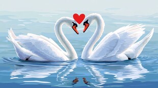 天鹅情侣水中甜蜜比心