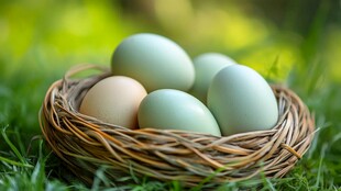 草地上鸟巢中的多彩鸡蛋