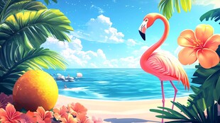 热带海滩的火烈鸟梦幻景致