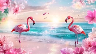 浪漫海滩上的双火烈鸟美景