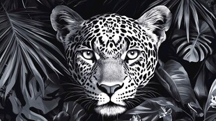 黑白豹头与热带植物图景