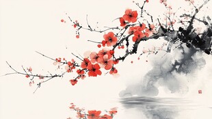 水墨红梅映水图