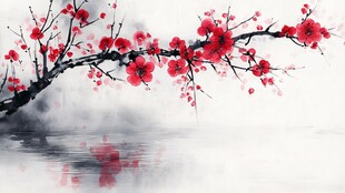 水墨红梅映于湖面之景