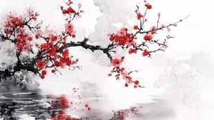 水墨红梅映水韵