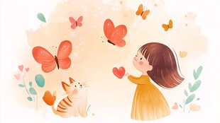 女孩与猫共赏纷飞蝴蝶