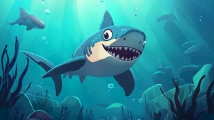 卡通鲨鱼在海底欢乐畅游