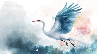 水墨白鹭展翅飞翔图