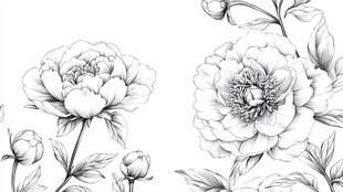 黑白牡丹花卉线稿插画