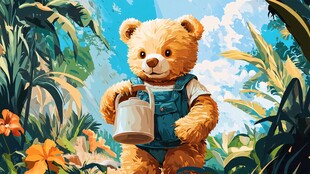 小熊花园浇花的美好瞬间