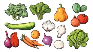 多样新鲜蔬菜手绘插画
