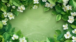 绿叶白花环绕的清新背景