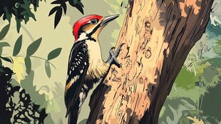 啄木鸟栖息树干画面