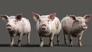 三头憨态可掬的站立小猪