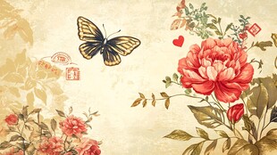 蝴蝶伴花浪漫复古插画