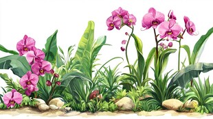 粉色兰花与绿植景观图