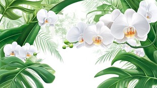 白色蝴蝶兰与热带绿植背景