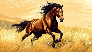 奔腾骏马于金色草原